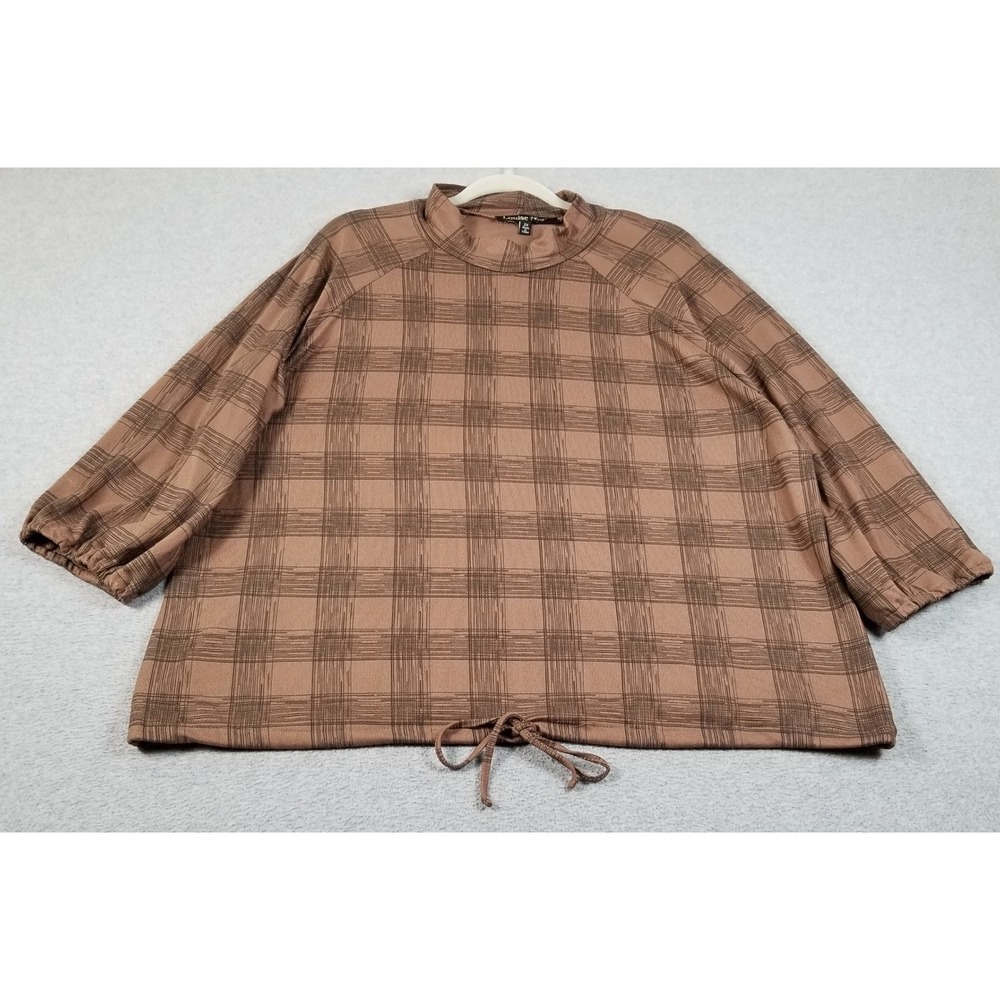 Louise Paris Top Women 2X Plus Brown Black Plaid Mock Neck Drawstring Hem Blouse